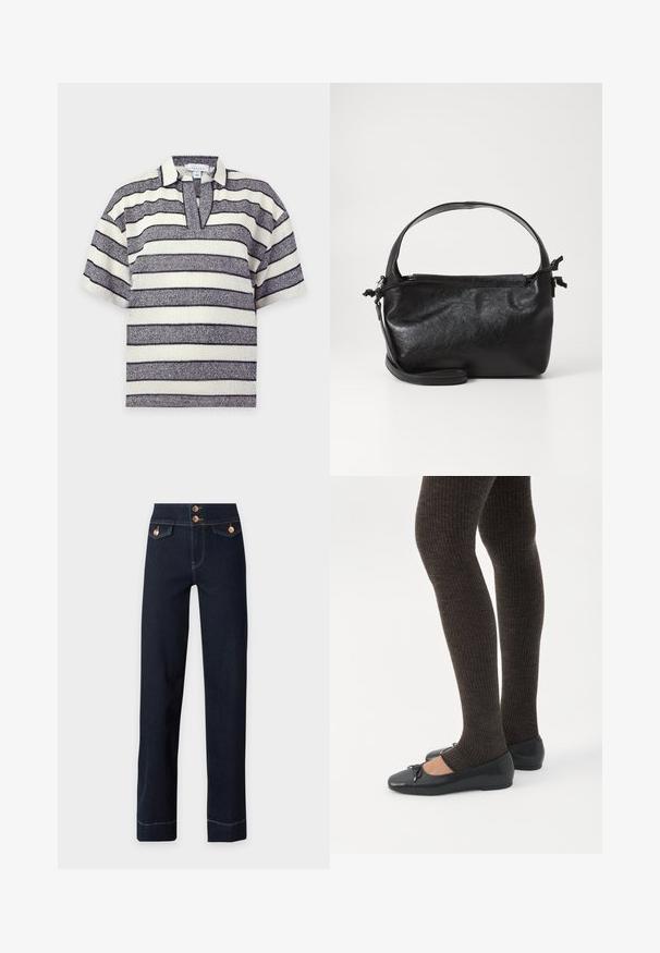 Top en maille à manches courtes avec des rayures horizontales blanches et gris foncé et un col ouvert sur fond uni.; Jean bleu foncé taille haute avec jambes droites, boutons en cuivre, poches à rabat à l'avant et coutures jaunes visibles.; Jambes portant des leggings côtelés foncés associés à des ballerines noires avec de petits détails en nœud sur fond blanc.; Sac à main en cuir noir au design structuré, avec une poignée arrondie et une bandoulière amovible. Présente une texture lisse et un éclat subtil.