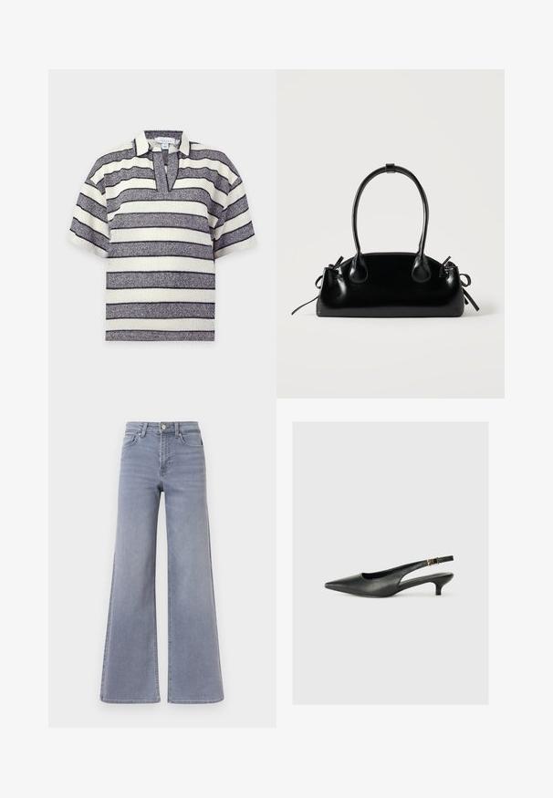 Top en maille à manches courtes avec des rayures horizontales blanches et gris foncé et un col ouvert sur fond uni.; Jean en denim bleu clair, taille haute, jambes larges, avec fermeture à boutons et fermeture éclair à l'avant, poches avant et arrière, présenté sur fond blanc.; Chaussure slingback noire à bout pointu en cuir lisse. Présente un talon fin et un détail de boucle sur la sangle réglable.; Petit sac à main noir brillant avec deux longues anses et des détails à cordon sur les côtés sur un fond clair uni.