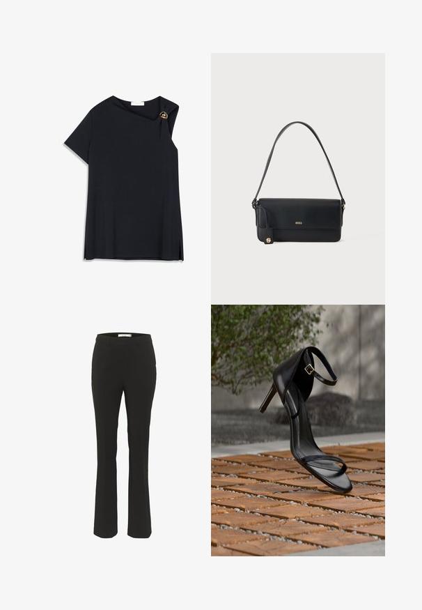 Haut court à manches courtes noir en tissu lisse, doté d'un col drapé avec un bouton doré en accent et des fentes latérales pour faciliter les mouvements.; Pantalons noirs ajustés avec une coupe slim, bas évasé, devant plat et sans poches visibles. Fabriqués en tissu lisse avec des coutures minimales.; Sandale noire à talon haut avec sangle à la cheville, suspendue au-dessus d'un sol en carreaux de bois à l'extérieur, avec un arrière-plan flou de verdure et de pierre.; Sac à épaule en cuir noir avec logo doré "BOSS" sur le devant et un petit emblème doré suspendu à la sangle latérale.