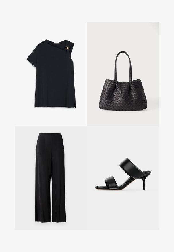 Haut court à manches courtes noir en tissu lisse, doté d'un col drapé avec un bouton doré en accent et des fentes latérales pour faciliter les mouvements.; Pantalons larges noirs en tissu lisse, avec une taille haute et sans poches ni éléments métalliques visibles. Design longueur sol.; Sandale mule en cuir noir avec deux larges brides et un talon stiletto fin de hauteur moyenne sur un fond clair uni.; Sac cabas en cuir tressé noir avec deux longues anses et un design doux et structuré sur un fond clair uni.