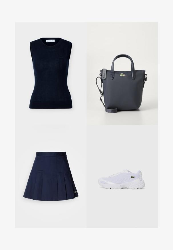 Haut noir sans manches en maille avec encolure ronde, fines côtes verticales subtilement dessinées, et petit logo Lacoste sur la poitrine gauche.; Jupe plissée bleu marine avec une taille ajustée, fabriquée à partir d'un tissu lisse. Présente un petit logo Lacoste sur l'ourlet.; Baskets blanches de sport avec dessus en maille, design texturé et col rembourré. Présente un logo vert sur le côté et une semelle rembourrée pour le confort.; Sac à main bleu marine en tissu texturé, avec deux poignées supérieures et une bandoulière détachable. Il présente un petit logo Lacoste et une fermeture éclair.