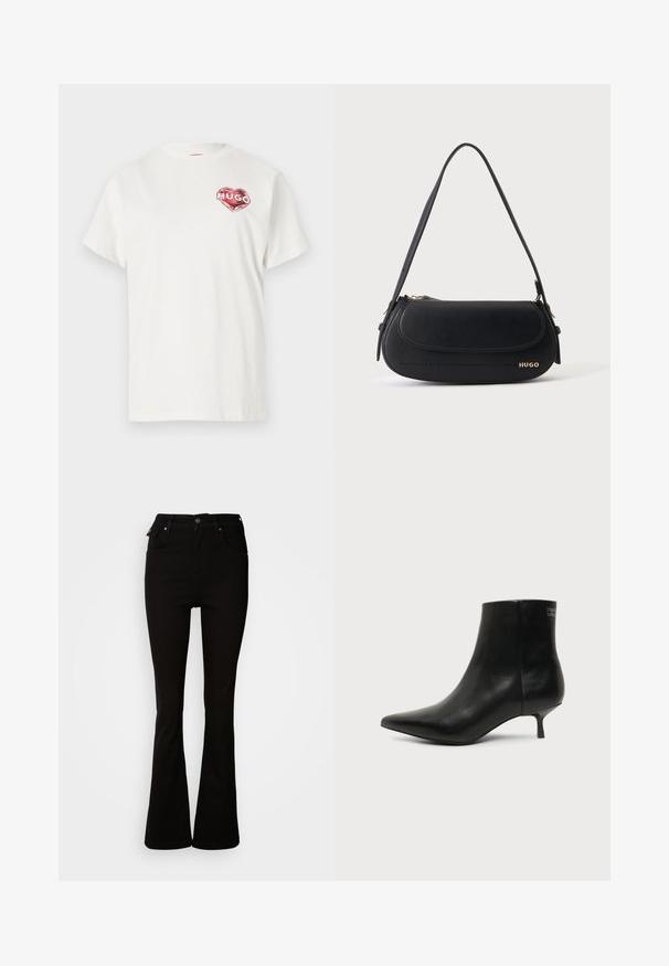 T-shirt en coton blanc à col rond, avec un graphique en forme de cœur rouge portant le mot "HUGO" à l'intérieur. Manches courtes, coupe décontractée.; Jean noir évasé en denim, avec une taille haute, des poches avant, et un design classique à cinq poches avec des accents en métal.; Bottine en cuir noir avec bout pointu et petit talon kitten sur fond clair, vue côté extérieur.; Sac à épaule en cuir noir avec rabat incurvé, logo doré "HUGO" sur le devant, et une bandoulière réglable.