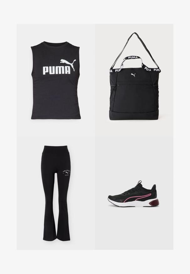 Camiseta sin mangas negra de tela suave con un destacado logo blanco de "PUMA" y la silueta de un puma saltando.; Pantalones deportivos negros acampanados con cintura alta y logo blanco de Puma Athletics en la parte superior del muslo.; Zapatillas deportivas negras con parte superior de malla, acentos en rosa, entresuela blanca y suela de goma. Cuentan con un diseño de cordones seguro y cuello acolchado.; Bolsa tote negra Puma con dos asas, una correa de hombro ajustable, bolsillos laterales de malla y un pequeño logo blanco de Puma en la parte delantera.