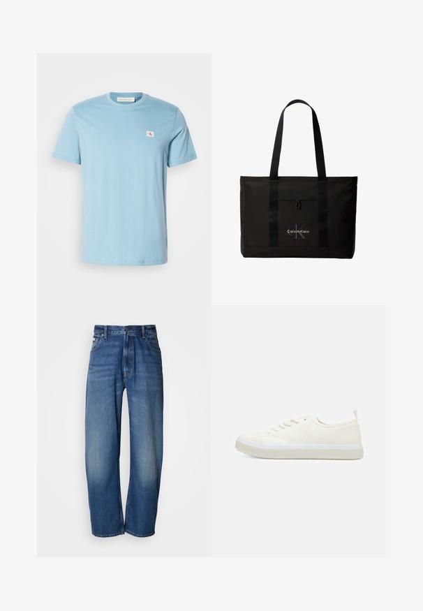Helles blaues Baumwoll-T-Shirt mit kurzen Ärmeln, rundem Halsausschnitt und kleinem Logopatch auf der linken Brust. Glatte Textur und schlichte Gestaltung.; Jeans mit weitem Bein in mittlerem Blau. Ausgestattet mit Reißverschluss, fünf Taschen und leichtem Verblassen für einen getragenen Look. Klassische Nahtdetails.; Calvin Klein TOP LACE UP UNIFIT - Sneaker low - salt bay; Schwarze Calvin Klein Tote-Tasche mit zwei langen Griffen und Fronttasche, mit dem Markenlogo in Weiß und Grau.