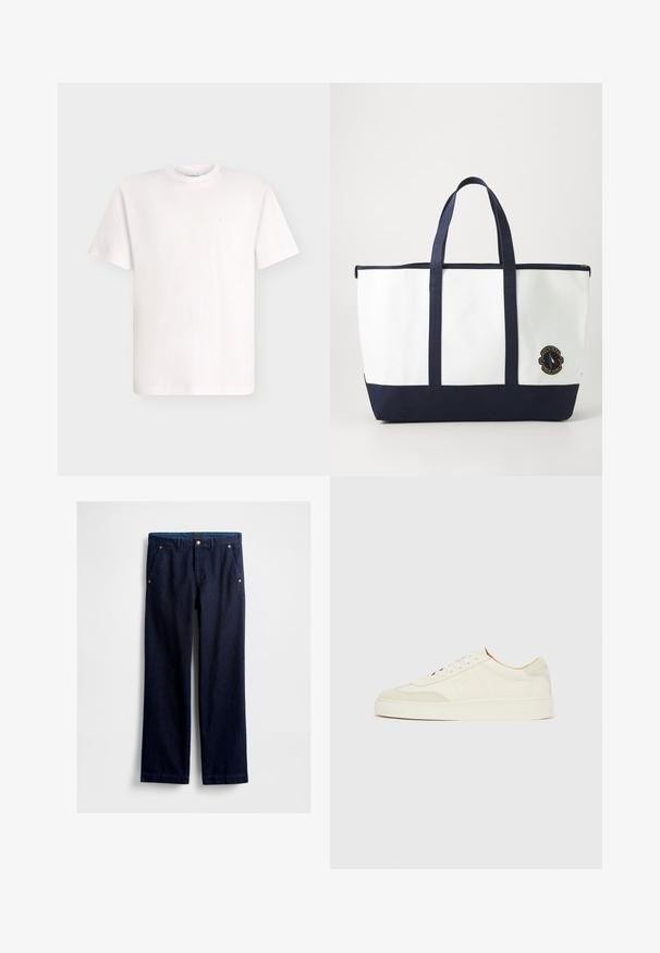T-shirt blanc uni à manches courtes avec col rond, avec un petit logo embossé sur le côté gauche de la poitrine, présenté sur un fond clair.; Pantalon en denim bleu marine à coupe droite, avec deux poches avant, des accents en métal et une finition lisse.; Baskets en daim blanc à finition lisse, embout rond, design lacé plat, avec des accents texturés contrastants. Comprend un détail de logo subtil.; Sac fourre-tout en toile blanche avec des accents bleu marine. Dispose de deux poignées robustes et d'un écusson logo à l'avant. Forme rectangulaire.