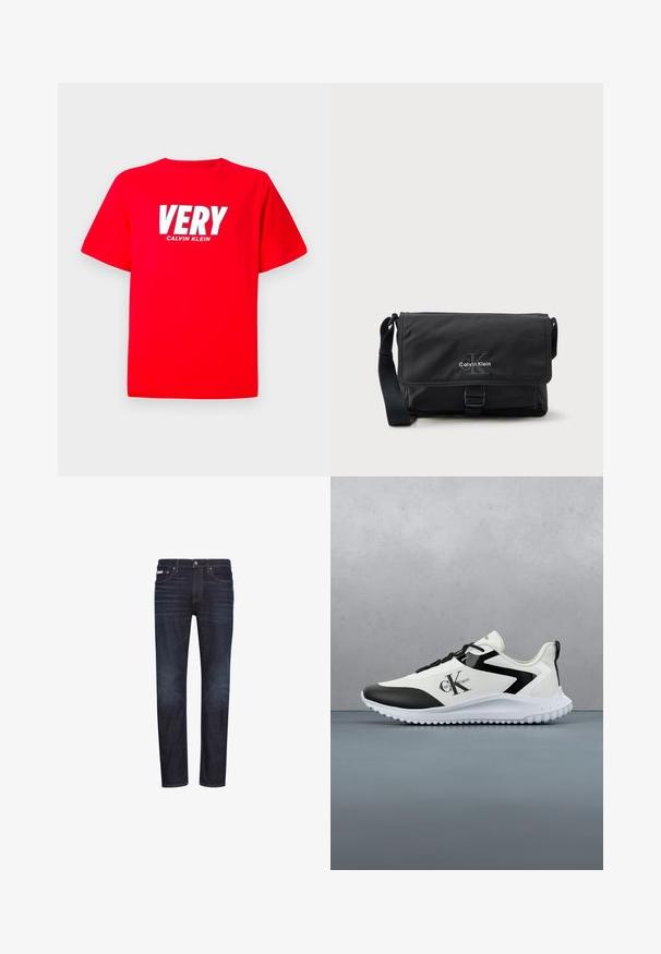 Rotes T-Shirt mit kurzen Ärmeln, auf der Brust in großen weißen Buchstaben "VERY" und darunter in kleineren weißen Buchstaben "CALVIN KLEIN".; Dunkelblaue Jeans aus Denim mit geraden Beinen, fünf Taschen, Reißverschluss und orangefarbenen Nähten. Glatte Textur, klassisches Design.; Calvin Klein Jeans EVA RUNNER LACE - Sneaker low - bright white/black; Schwarze Umhängetasche aus strapazierfähigem Stoff, ausgestattet mit Klappe, vorderem Schnallenverschluss und Calvin Klein-Logo in Silber. Verstellbarer Riemen inklusive.