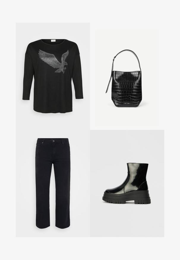 Zwarte langemouwen shirt met een schitterend ontwerp van een adelaar gemaakt van zilveren rhinestones, met een relaxte pasvorm en ronde halslijn.; Zwarte denim jeans met een rechte pijpontwerp. Kenmerken zijn een sluiting met knoop in de taille, riemlussen en voor-/achterzakken. Gladde textuur.; Zwarte glanzende enkelboot met dikke profielzool en ronde neus, zijaanzicht op een effen lichtgrijze achtergrond.; Zwarte embleem van krokodillenleer met een enkele schouderriem en een klein zilveren merkembleem aan de onderkant van de voorkant.