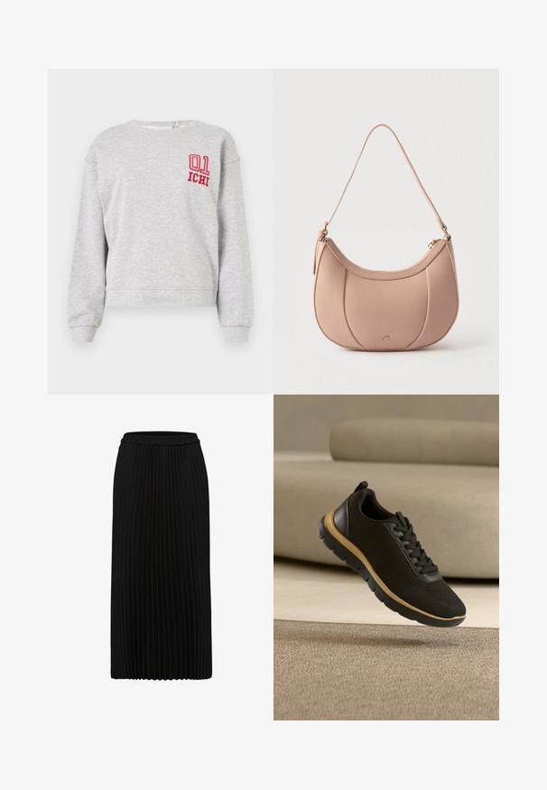 Sweatshirt gris à manches longues, col ras du cou et poignets côtelés ; présente un "01" rouge brodé et "ICHI" sur la poitrine gauche.; Jupe midi plissée noire avec taille élastique et plis verticaux, présentée sur fond blanc.; Baskets de sport noires avec semelle beige flottant au-dessus d'un tapis beige, avec un canapé beige en arrière-plan.; Sac à main en cuir beige en forme de croissant avec une bandoulière unique, une fermeture éclair dorée et un petit logo doré sur le panneau central avant.