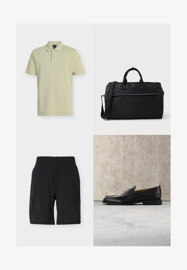 Polo beige clair à manches courtes avec deux boutons, col et petit logo "BOSS" sur la poitrine gauche.; Shorts noirs mi-cuisses avec poches zippées latérales et fermeture par bouton à la taille, présentés sur un fond blanc uni.; Mocassin pour homme en cuir noir avec un dessus embossé effet croco et un petit talon, présenté de profil sur un fond neutre.; Sac de voyage rectangulaire noir avec doubles poignées, bandoulière réglable, poche zippée à l'avant et petit logo "BOSS" à l'avant.
