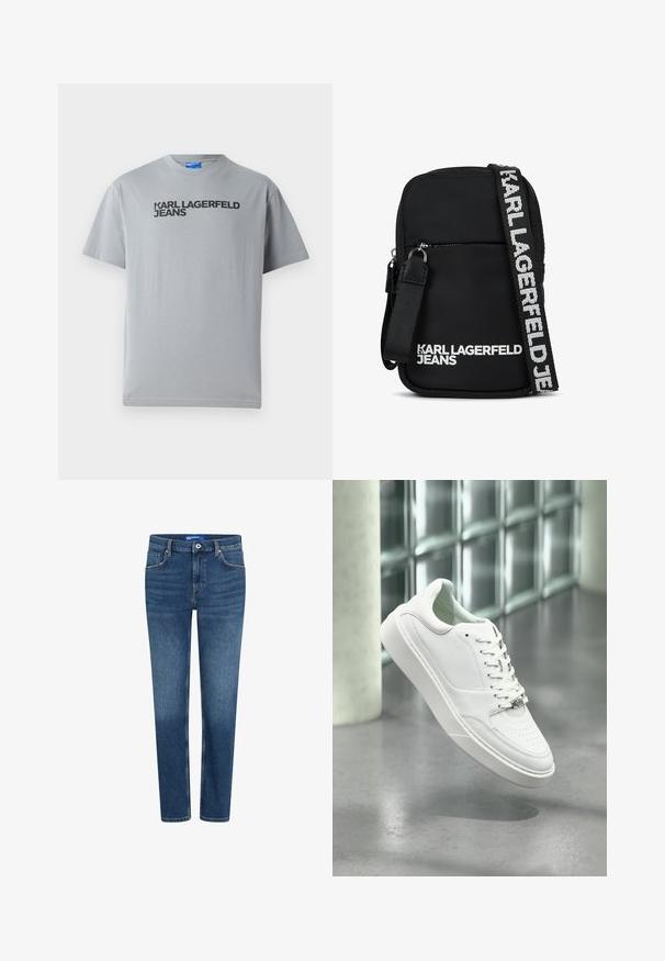 Šedé bavlnené tričko s krátkymi rukávmi a okrúhlym výstrihom. Na prednej strane je čierny text s nápisom "KARL LAGERFELD JEANS".; Modré džínsy s rovný strihom, klasickým dizajnom s piatimi vreckami a zipsovým zapínaním. Majú svetlé pranie a jemné vyblednutie.; Biela kožená teniska s okrúhlou špičkou, šnurovacím predným dielom a plochou gumovou podrážkou. Obsahuje perforované detaily a jemný akcent loga.; Čierna látková crossbody taška s obdlžníkovým tvarom, so zipsovým predným vreckom a kontrastným logom na remienku v bielej farbe.