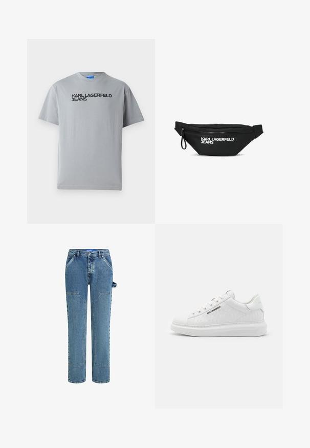 Graues Baumwoll-T-Shirt mit kurzen Ärmeln und Rundhalsausschnitt. Schwarzer Text "KARL LAGERFELD JEANS" auf der Vorderseite.; Blaue Jeans aus Denim mit einem geraden Beindesign, versehen mit kontrastierenden Patches, zwei Fronttaschen und einem sichtbaren Schlaufen-Detail an der Seite.; Weißer Sneaker aus glattem Leder mit geprägtem Muster. Verfügt über eine runde Zehenpartie, Schnürung vorne und strukturierten Sohle. Silbernes Logo-Detail an der Seite.; Schwarze Bauchtasche mit Reißverschluss und weißem "KARL LAGERFELD JEANS" Logo auf der Vorderseite sowie verstellbaren Trägern auf beiden Seiten.