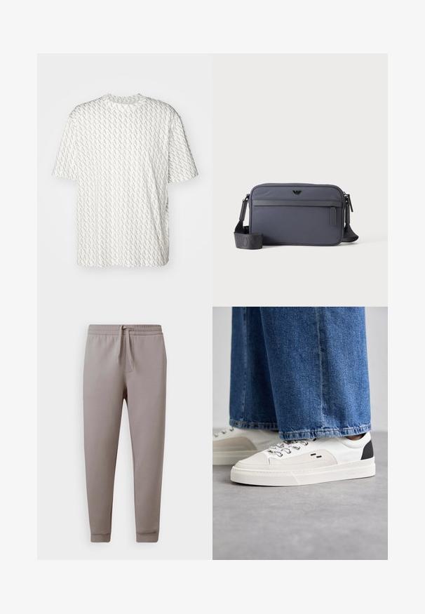 Hvid t-shirt med et gentaget gråt "A" mønster, korte ærmer, rund halsudskæring og en afslappet pasform. Fremstillet af blødt stof.; Lys grå sweatpants lavet af blødt stof, med elastisk talje med snørebånd, indsnævrede manchetter og sidelommer.; Hvide og sorte sneakers med en glat læderoverdel, teksturerede detaljer og en kraftig hvid sål. Har et klassisk snørebåndsdesign.; Grå rektangulær crossbody taske med lynlåslomme foran, justerbar skulderrem og lille sort logo midt for.