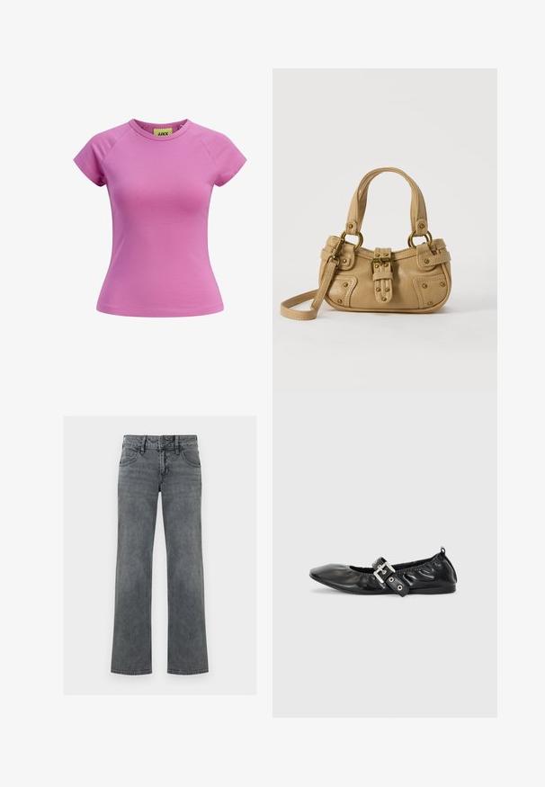 Kurzes rosa T-Shirt mit rundem Ausschnitt, kurzen Raglannärmeln und taillierter Form. Hergestellt aus glattem Baumwollstoff. Etikett innen sichtbar.; Graue gerade geschnittene Jeans aus Denim mit vorderer Knopfleiste, Reißverschluss und fünffacher Taschenanordnung, vor weißem Hintergrund dargestellt.; Schwarze Leder-Ballerinas mit spitzem Zehenbereich, gerafften Details am Schaft und einem silbernen Schnallenakzent am verstellbaren Riemen.; Beige Lederhandtasche mit doppelten Griffen, Messingschnalle und Nieten, sowie verstellbarem Schultergurt vor weißem Hintergrund.
