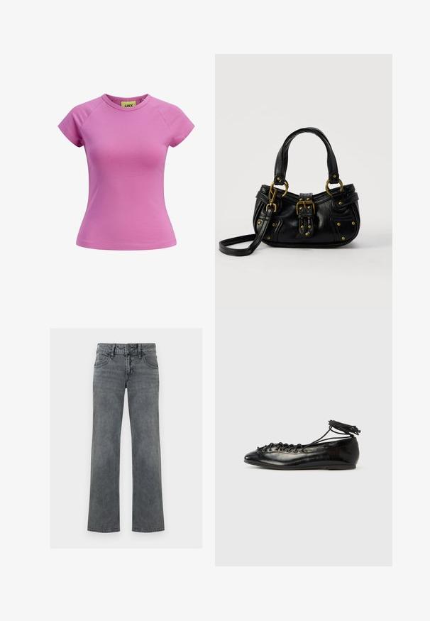 Kurzes rosa T-Shirt mit rundem Ausschnitt, kurzen Raglannärmeln und taillierter Form. Hergestellt aus glattem Baumwollstoff. Etikett innen sichtbar.; Graue gerade geschnittene Jeans aus Denim mit vorderer Knopfleiste, Reißverschluss und fünffacher Taschenanordnung, vor weißem Hintergrund dargestellt.; Schwarze Ballerinas aus Lackleder mit runder Spitze, Schnürdesign und flacher Sohle. Glatte Textur mit minimaler Verzierung.; Schwarze Lederhandtasche mit goldener Schnalle und Nieten, kurzen Griffen und einem verstellbaren Schultergurt vor einem schlichten weißen Hintergrund.
