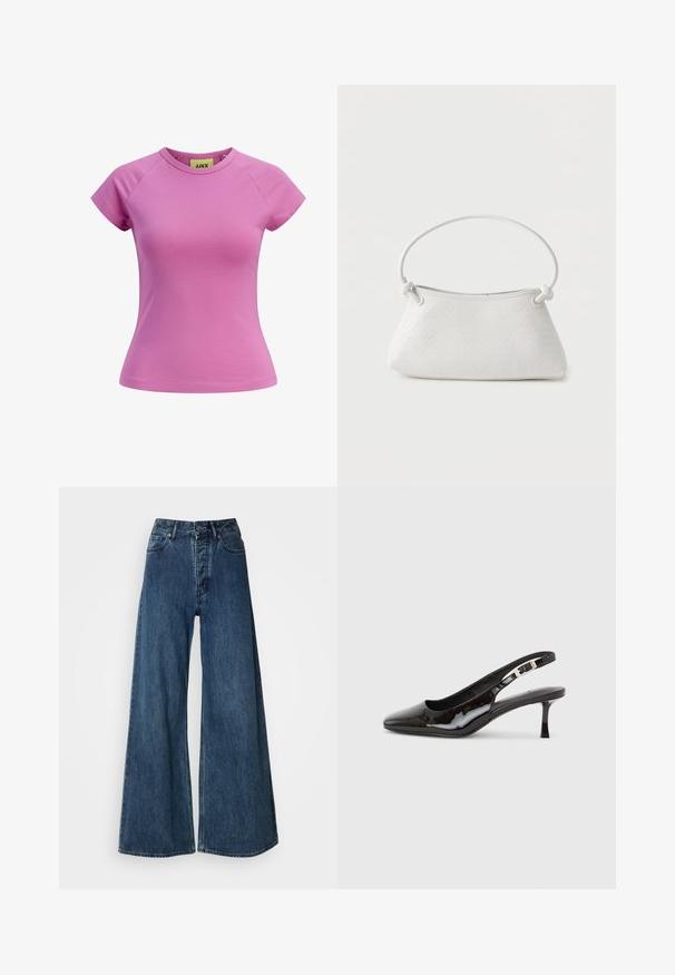 Kurzes rosa T-Shirt mit rundem Ausschnitt, kurzen Raglannärmeln und taillierter Form. Hergestellt aus glattem Baumwollstoff. Etikett innen sichtbar.; Weite Denim-Jeans in Dunkelblau mit hoher Taille, Fünf-Taschen-Design und kontrastierenden Nähten. Klassischer, strapazierfähiger Stoff.; Schwarzer Slingback-Schuh aus Lackleder mit spitzer Zehenpartie, silberner Schnalle und mittelhohem Kitten-Heel auf hellem einfarbigem Hintergrund.; Weiße gewebte Lederhandtasche mit abgerundetem Griff und verknoteten Riemenenden, vor schlichtem Hintergrund präsentiert.