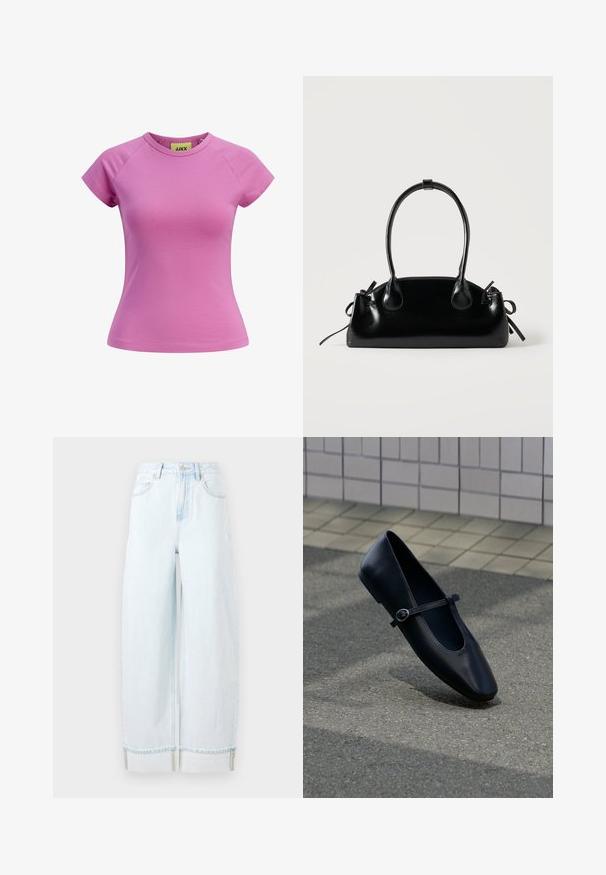 Kurzes rosa T-Shirt mit rundem Ausschnitt, kurzen Raglannärmeln und taillierter Form. Hergestellt aus glattem Baumwollstoff. Etikett innen sichtbar.; Helle blaue weit geschnittene Jeans aus Denim, mit hoher Taille, Fronttaschen und einem umgeschlagenen Saum mit sichtbaren Nähakzenten.; Schwarzer Leder-Mary-Jane-Ballerina mit kleinem Schnallenriemen, auf grauem Asphaltboden nahe einer gefliesten Wand platziert.; Kleine schwarze glänzende Handtasche mit zwei langen Griffen und seitlichen Kordelzug-Details vor einfachem hellem Hintergrund.