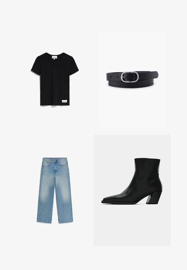 Zwarte t-shirt met korte mouwen van gladde katoenstof. Heeft een ronde halslijn en een klein label aan de onderkant met de tekst "ARMEDANGELS".; Lichtblauwe spijkerbroek van denim met een rechte pijp, vijf zakken, knoopsluiting en subtiele vervaagde plekken op de voorkant van de dijen.; Zwarte leren enkelboot met een spitse neus, een slanke silhoeet en een chunky vierkante hak. Gladde textuur met minimale stikdetails.; Zwarte leren riem met een gladde textuur, ovaal zilveren metalen gespsluiting en meerdere verstelgaten langs de band. Platte, minimalistische uitstraling.