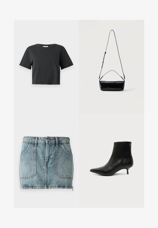Schwarzes, kurzes T-Shirt mit kurzen Ärmeln und rundem Halsausschnitt, präsentiert vor einem schlichten weißen Hintergrund.; Helles, blaues Denim-Minirock mit Fünf-Taschen-Design, Gürtelschlaufen, Metallknopfverschluss und kontrastierenden Nähten.; Schwarzer Leder-Knöchel-Stiefel mit spitzer Spitze und niedrigem Kittenabsatz vor hellem Hintergrund, seitliche Ansicht.; Schwarze rechteckige Leder-Umhängetasche mit verstellbarem Schulterriemen, Reißverschluss oben und kleinem goldfarbenem Calvin Klein-Logo vorne.