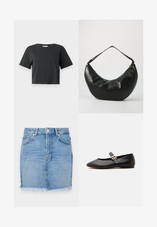 Camiseta negra corta de manga corta con cuello redondo, exhibida sobre un fondo blanco liso.; Falda de mezclilla azul con un diseño ajustado, dobladillo sin terminar y clásicos bolsillos frontales. Textura suave con un ligero desgaste para un look casual.; Zapato plano Mary Jane de cuero negro con punta puntiaguda y correa con hebilla dorada sobre un fondo claro y liso.; Bolso de hombro de cuero negro con una forma curva, textura suave y una sola correa; cuenta con un zipper dorado y un branding sutil.