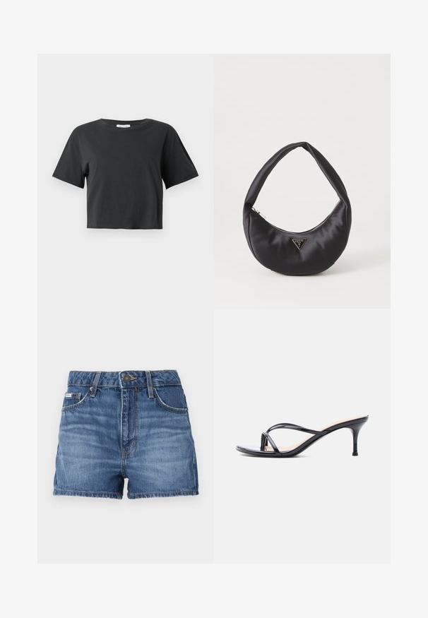 Sort cropped T-shirt med korte ærmer og rund udskæring vist mod en ensfarvet hvid baggrund.; Denimshorts i mellemblå, med fem lomme-design, bæltestropper og frynsede kanter. Standard knap- og lynlåslukning.; Sort laklædersandal med hæl, tynde krydsede remme og en slank mellemhøj stilethæl på en hvid baggrund.; Sort satin håndtaske med en buet form, der har en lynlåslukning og et trekantet logo i metal på forsiden. Glat tekstur og slankt design.