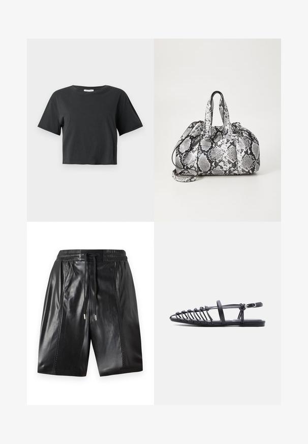 Camiseta negra corta de manga corta con cuello redondo, exhibida sobre un fondo blanco liso.; Pantalones cortos de cuero negro con una cinturilla elástica, detalle de cordón y costuras laterales. Textura suave con un acabado brillante.; Sandalia plana negra con múltiples tiras delgadas, correa con hebilla en el tobillo y diseño de jaula con punta abierta sobre fondo blanco.; Bolso de mano con patrón de piel de serpiente en blanco y negro, con dos asas, un cierre de cordón y una correa para el hombro desmontable. Textura suave.