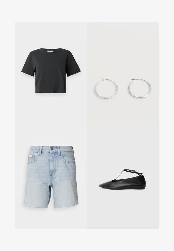 Schwarzes, kurzes T-Shirt mit kurzen Ärmeln und rundem Halsausschnitt, präsentiert vor einem schlichten weißen Hintergrund.; Hellblaue Jeansshorts mit ausgefransten Säumen, vorderer Knopfleiste und Reißverschluss, Gürtelschlaufen und vorderen Taschen.; Schwarze Leder-Ballerinas mit spitzem Zehenbereich, Cut-Out-Design, Knöchelriemen und goldener Kettenakzent. Glatte Textur, minimaler Absatz.; Silberne Metallcreolen mit glatter, leicht gebogener Oberfläche und Klappverschluss vor schlicht weißem Hintergrund.