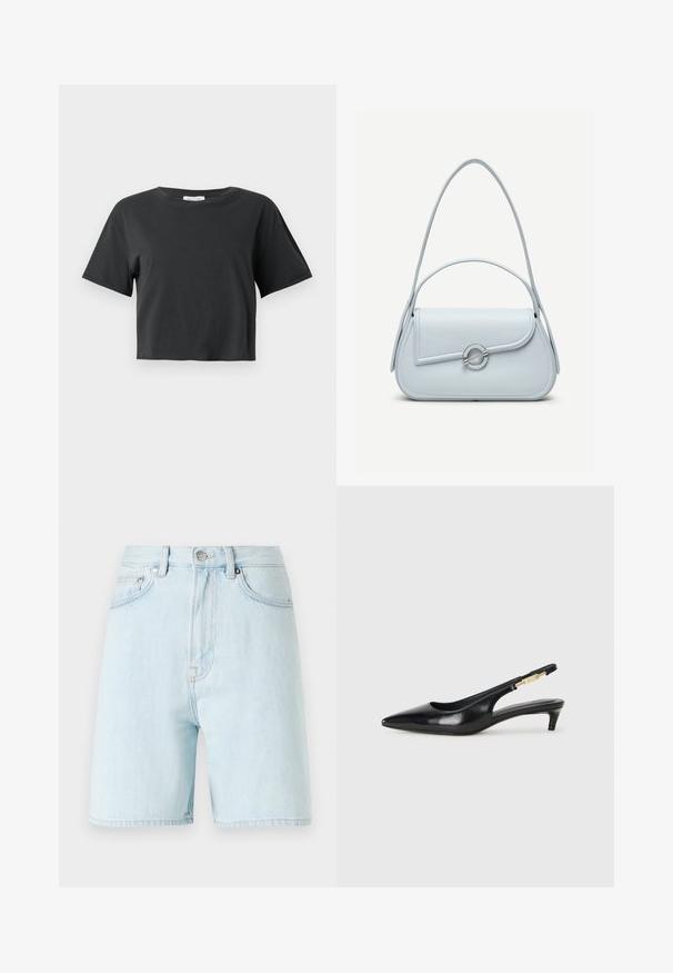 Camiseta negra corta de manga corta con cuello redondo, exhibida sobre un fondo blanco liso.; Shorts de mezclilla azul claro con cintura alta, diseño de cinco bolsillos y cierre de botón de latón. Presenta costuras sutiles y bordes deshilachados.; Tacones negros de piel sintética tipo slingback con punta afilada, que cuentan con un tacón delgado y un detalle en tono dorado en la correa ajustable. Textura suave.; Bolso de cuero azul claro con solapa redondeada, cierre circular plateado y dos correas para el hombro sobre un fondo liso.