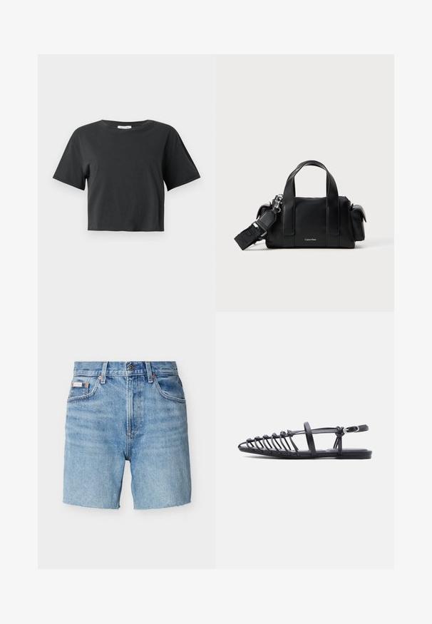 Sort cropped T-shirt med korte ærmer og rund udskæring vist mod en ensfarvet hvid baggrund.; Lyseblå denimshorts med knap- og lynlås lukning, bæltestropper, forlommer og et lille mærke på venstre lomme.; Sort flad sandal med flere tynde remme, ankelrem med spænde og åben tå-burdesign på hvid baggrund.; Sort lædertaske med to topbøjler og en aftagelig skulderrem. Har en lynlåslukning og et diskret logo foran.