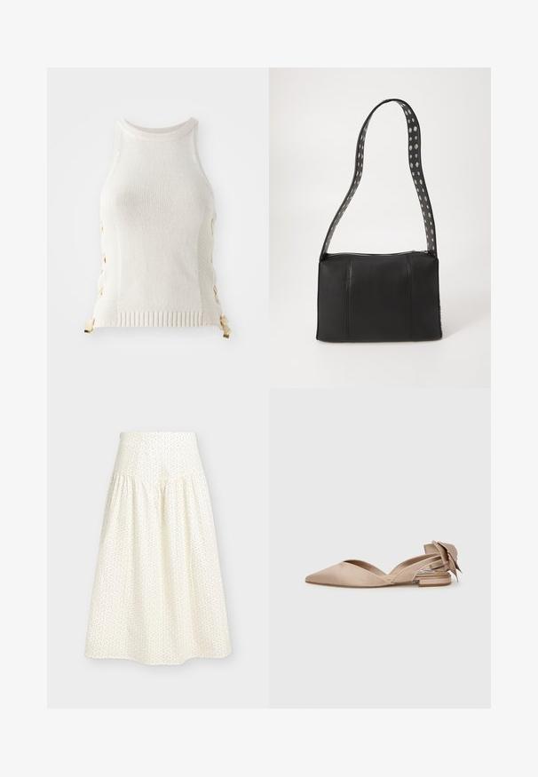 Débardeur en tricot blanc à encolure haute, avec des accents de laçage sur les côtés en beige, et un ourlet côtelé en bas.; Jupe midi couleur crème avec petits pois noirs, taille ajustée et tissu froncé sous la couture de la taille.; Chaussure slingback beige à bout pointu, en satin, avec un nœud décoratif à l'arrière et un talon plat. Design simple et élégant.; Sac à main en cuir noir de forme rectangulaire, doté d'une fermeture éclair et d'une bandoulière à pois. Texture lisse, détails de couture minimaux.