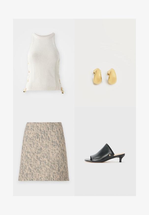 Top de punto blanco sin mangas con un cuello alto, decorado con detalles de cordones en beige a los lados y un dobladillo acanalado en la parte inferior.; Minifalda de tela tejida texturizada en beige y gris con forma de línea A y un patrón irregular sutil.; Mules de cuero negro de punta abierta con un tacón bajo. Presentan una superficie lisa y un acento del logo dorado en el costado.; Pendientes aros pequeños, lisos, de color dorado con una forma redondeada y ligeramente cónica, mostrados sobre un fondo blanco.