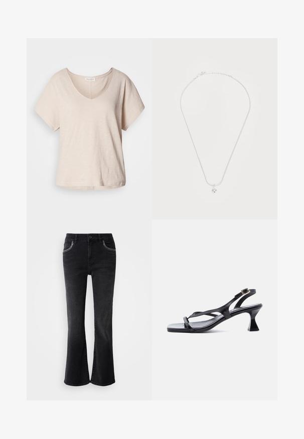 Hellbeige T-Shirt mit kurzen Ärmeln und V-Ausschnitt, gefertigt aus einem weichen, strukturierten Stoff. Entspannte Passform mit einem dezenten Glanz und einem geraden Saum.; Mos Mosh PERLA - Flared Jeans - dark grey; Schwarze Ledersandale für Damen mit dünnen Riemen, quadratischer Spitze, verstellbarer Schnalle am Knöchel und ausgestelltem, mittelhohem Absatz.; Silberne Halskette mit feiner Kette und einem kleinen runden Anhänger, der einen klaren Edelstein enthält. Die Oberfläche ist glatt und das Design ist einfach.