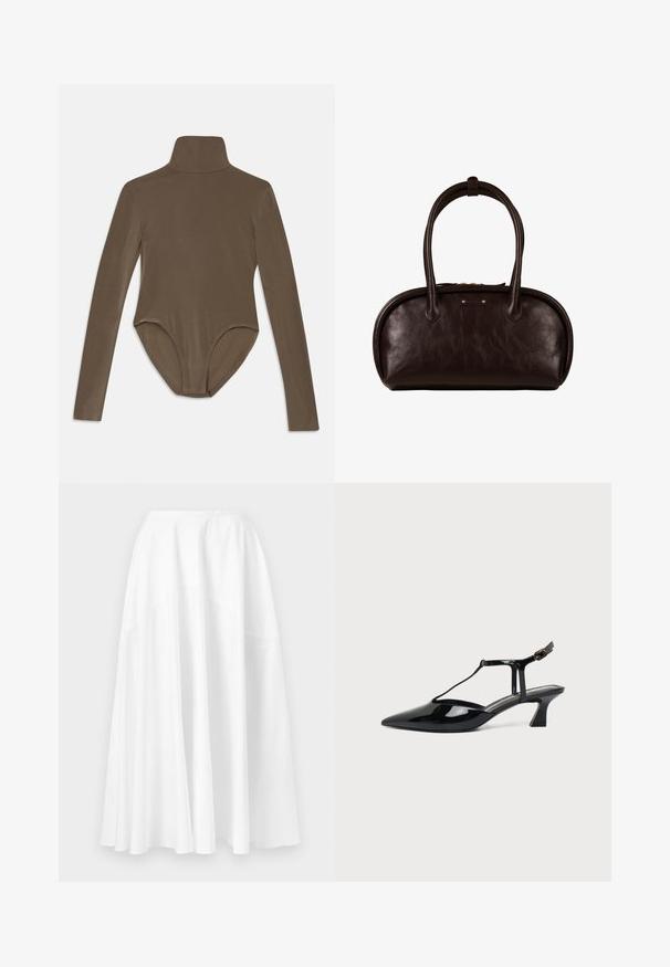 Bodysuit de manga larga en tela marrón oscuro, con un cuello alto, textura suave y un diseño de espalda descubierta con un ajuste ceñido.; Falda larga blanca con cintura alta y dobladillo ancho y fluido, exhibida sobre un fondo liso.; Zapato slingback de cuero charol negro con punta fina, tira en T y tacón bajo en bloque inclinado sobre fondo blanco.; Bolso de cuero marrón oscuro con bordes superiores redondeados, dos asas largas y una pequeña placa rectangular con el logo en el frente.