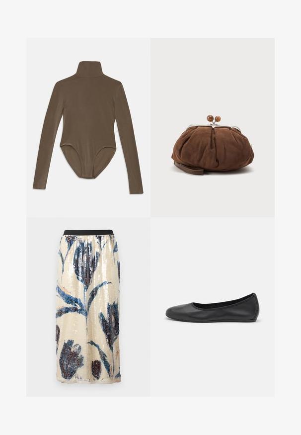 Langærmet bodysuit i mørkebrunt stof, med høj krave, glat tekstur og scoop-back design med en tætsiddende pasform.; Beige midi nederdel med sort elastisk taljebånd, palietter stort blåt og mørkt blomsterprint.; Sort læderballetsko med rund tå, glat tekstur, minimal syning og et fleksibelt såldesign.; Blød brun ruskindshåndtaske med sølvmetal ramme og runde brune låsekugler på en ensfarvet lys baggrund.