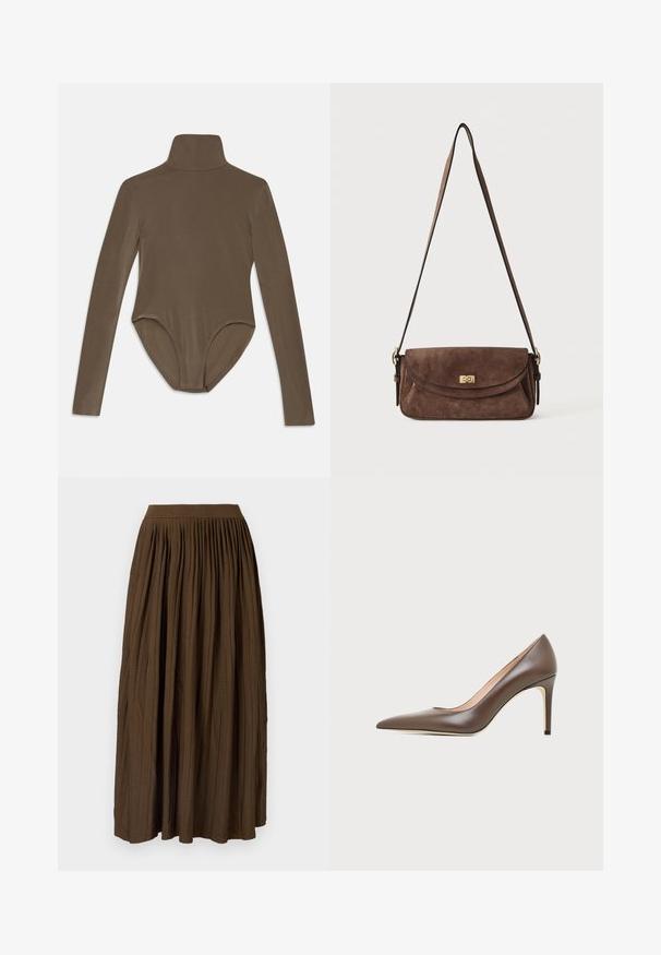 Μακρυμάνικο κορμάκι σε σκούρο καφέ ύφασμα, με ψηλό γιακά, λεία υφή και σχέδιο που έχει ανοιχτή πλάτη, προσφέροντας στενή εφαρμογή.; Καφέ πλισέ μαξι φούστα με φαρδύ ελαστικό μέσο και υφασμάτινη υφή, που διαθέτει κατακόρυφες πτυχές για πρόσθετη λεπτομέρεια και ροή.; Καφέ δερμάτινο γυναικείο ψηλοτάκουνο με μυτερή μύτη και λεπτό τακούνι στιλέτο με λείο φινίρισμα σε ανοιχτό φόντο.; Καφέ σουέτ τσάντα ώμου με μακρύ ρυθμιζόμενο ιμάντα και χρυσό κούμπωμα στροφής στο μπροστινό καπάκι.