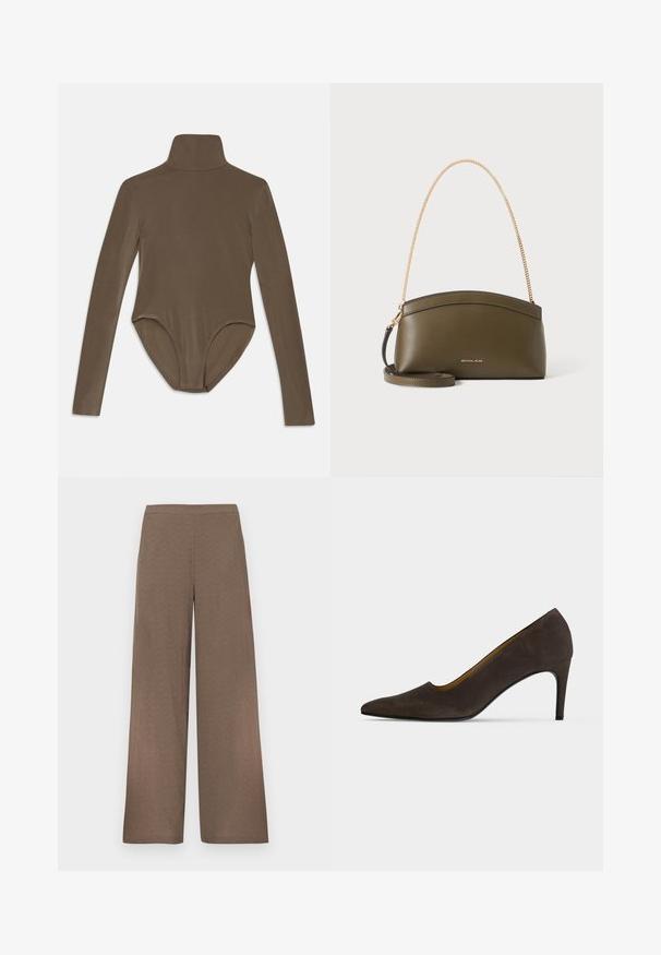 Langærmet bodysuit i mørkebrunt stof, med høj krave, glat tekstur og scoop-back design med en tætsiddende pasform.; Brune bukser med vide ben og fladt taljebånd, ingen synlige lommer eller lukninger, vist på hvid baggrund.; Mørkebrun spids, højhælet sko med en glat finish og tynd hæl på en ensartet lys baggrund.; Olivengrøn Michael Kors-håndtaske med guldkæde skulderrem, buet top og lille gyldent logo foran, vist mod hvid baggrund.
