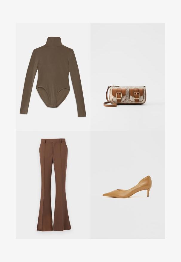 Bodysuit de manga larga en tela marrón oscuro, con un cuello alto, textura suave y un diseño de espalda descubierta con un ajuste ceñido.; Pantalones acampanados marrones fabricados en una tela suave, con un frente plano, trabillas para cinturón y un ajuste entallado con sutiles detalles de pliegue.; Zapato de salón de cuero color canela con punta puntiaguda y tacón pequeño, con un diseño recortado en el lateral para mayor detalle y textura suave.; Bolso de mano de cuero marrón con un cuerpo de lona beige estampado, dos bolsillos frontales con hebillas doradas y una correa desmontable. Cierre con cremallera.