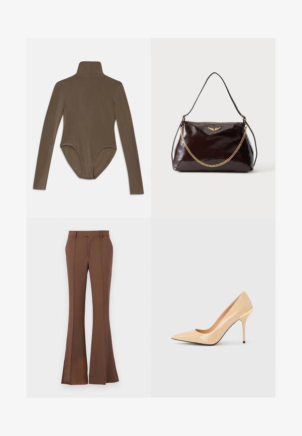 Bodysuit de manga larga en tela marrón oscuro, con un cuello alto, textura suave y un diseño de espalda descubierta con un ajuste ceñido.; Pantalones acampanados marrones fabricados en una tela suave, con un frente plano, trabillas para cinturón y un ajuste entallado con sutiles detalles de pliegue.; Zapato de salón de charol beige con tacón alto, puntera puntiaguda y tacón de aguja delgado, con un pequeño detalle dorado en la parte trasera.; Bolso de mano de cuero marrón oscuro brillante con un emblema de ala dorada, detalle de cadena dorada y una fina correa de cuero para el hombro sobre un fondo liso.