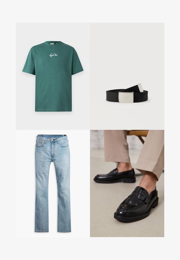 Grøn bomuld T-shirt med rund hals og korte ærmer. Har hvid, kursiv tekst "high tea" på forsiden. Enkel design, ingen mønstre.; Lyseblå denim jeans, lige pasform, med fem lommer, kontrastsyning og knaplukning i taljen.; Sorte lædermokkasiner med en glat overflade, der har en dekorativ rem og kontraststing, parret med beige bukser.; Sort stofbælte med en sølvfarvet metalspænde graveret med en kolibri, lagt sammenrullet på en hvid baggrund.
