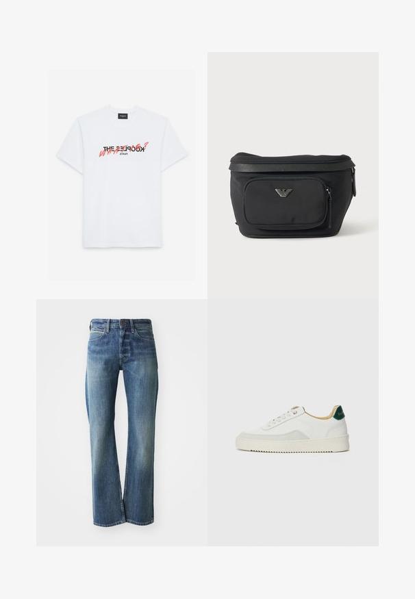 T-shirt en coton blanc à manches courtes avec un imprimé graphique noir et corail. Le texte indique : "THE KOOPLES ? QUOI ?" et "PARIS."; Jeans en denim de couleur bleu clair à moyen, coupe droite, design classique à cinq poches et décoloration subtile à l'avant.; Baskets blanches avec des accents en daim, bout arrondi, lacets plats et semelle en caoutchouc crème. Présente une marque verte sur le talon.; Sac banane noir avec poche avant zippée et logo aigle argenté, tissu lisse avec bordure texturée et tirettes de fermeture éclair.