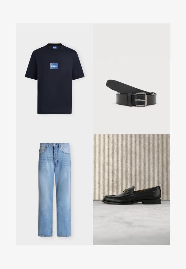 Μπλε σκούρο κοντομάνικο t-shirt με στρογγυλή λαιμόκοψη και κεντρικό μπλε ορθογώνιο λογότυπο με τη λέξη "HUGO" μπροστά.; Φωτεινό μπλε τζιν με ίσια γραμμή, κλείσιμο με κουμπί και φερμουάρ, μπροστινές και πίσω τσέπες, και θηλιές για ζώνη στη μέση.; Μαύρο δερμάτινο μοκασίνι με χρυσή μεταλλική αγκράφα και το λογότυπο "HUGO", τοποθετημένο πάνω σε μπεζ χαλί και καφέ διάφανο έπιπλο.; Μαύρη δερμάτινη ζώνη, τυλιγμένη με ασημένια μεταλλική ορθογώνια αγκράφα σε απλό φωτεινό φόντο.