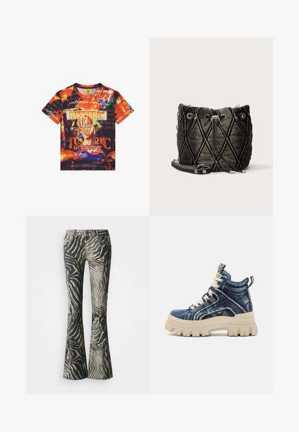 T-shirt à manches courtes avec un imprimé collage vif en orange, noir et bleu, comprenant "HYSTERIC", "GUESS" et des visages de femmes en design graphique.; Jean évasés avec un motif zèbre noir et beige, en denim, dotés d'un design à cinq poches et de détails de couture visibles.; Buffalo ASPHA MID - Baskets montantes - blue; Sac seau en tissu matelassé noir et gris, doté d'une fermeture à cordon de serrage et de ferrures argentées. Surface texturée avec motif en losange.