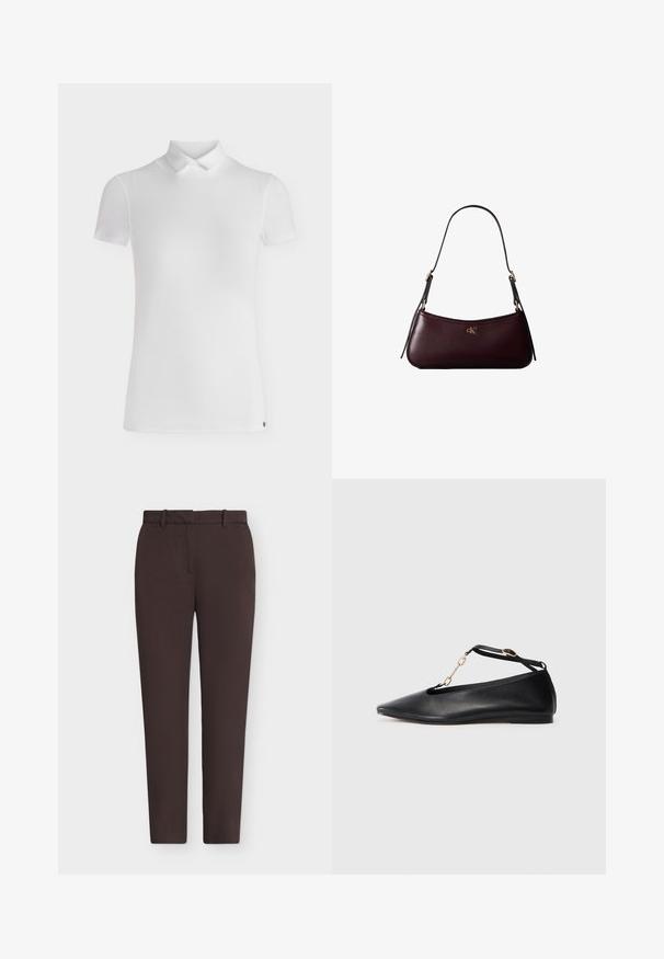 Polo blanc à manches courtes avec un petit col, coupe ajustée et design minimaliste, présenté sur un fond clair uni.; Pantalon droit marron foncé avec passants de ceinture et fermeture éclair devant, présenté à plat sur fond blanc uni.; Ballerines noires en cuir avec un bout pointu, un design découpé, une bride à la cheville et un accent en chaîne dorée. Texture lisse, talon minimal.; Sac à main en cuir bordeaux foncé avec une fine sangle d'épaule noire et un petit logo doré "cK" au centre devant.
