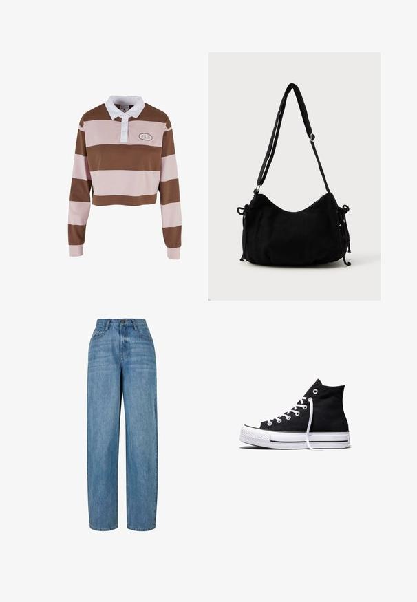 Brun og lyserød stribet langærmet polo shirt med hvid krave, har et logo patch og et cropped design. Blødt bomuldsmateriale.; Lyseblå denimjeans med lige ben-design, der har en knaplukning, fem lommer og subtilt slid i stoffet.; Sort high-top canvas sneaker med hvid gummisål og hvide snørebånd, vist fra siden mod en hvid baggrund.; Sort kordfløjls skuldertaske med en buet form, justerbar strop og snorelukninger på begge sider til størrelsejustering.