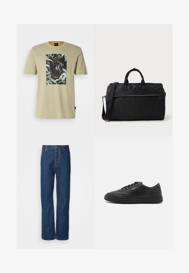 Olivenfarvet t-shirt lavet af bomuld, med en sort panter grafik omgivet af løv. Brandlogoet er vist i designet.; Blå denim jeans med lige ben, der har en knaplukning, fem lommer og kontraststikninger langs sømmene.; Sorte lædersneakers med en glat overflade, rund tå, flad gummisål og tonede snørebånd. Udstyret med guld "BOSS" branding på siden.; Sort rektangulær rejsetaske med dobbelte håndtag, justerbar skulderrem, frontlomme med lynlås og lille "BOSS" logo foran.
