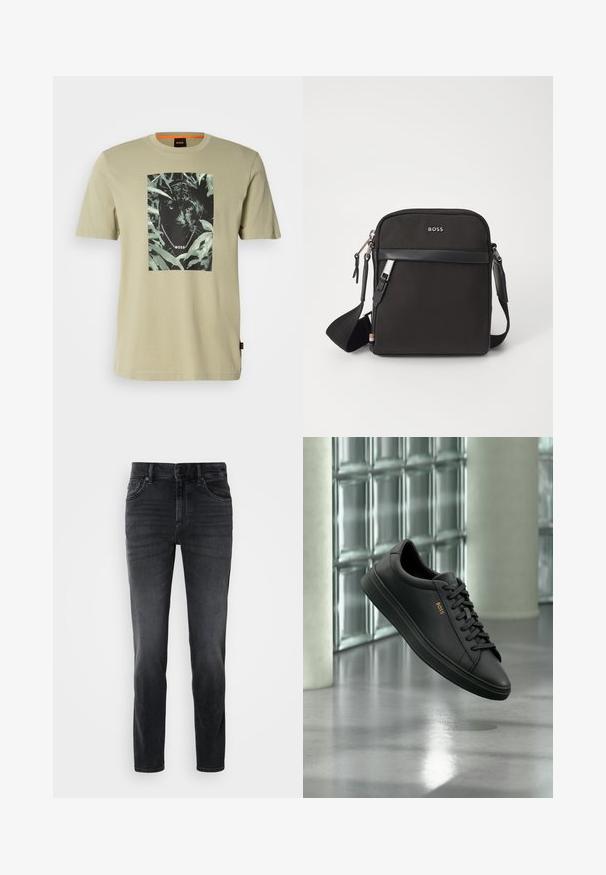 Olivovo zelené tričko vyrobené z bavlny, s grafikou čierneho pantera obklopeného zeleňou. Logo značky je zobrazené v rámci dizajnu.; Čierne džíny z denimu so slim fit strihom, s polovičným pásom, klasickým päť-vreckovým dizajnom a jemným vyblednutím na nohách.; Čierna nízka kožená teniska s čiernymi šnúrkami a zlatým logom BOSS na boku, vznášajúca sa nad lesklou sivou podlahou v modernom vnútornom priestore.; Čierna crossbody taška s textúrovanou tkaninou, logo na prednej strane, zipsové uzatváranie a nastaviteľný popruh. Obsahuje hladký kožený okraj.