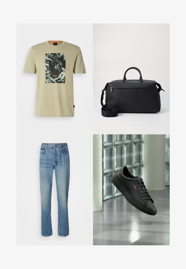 Olivgrünes T-Shirt aus Baumwolle, mit einem grafischen Aufdruck eines schwarzen Panthers, umgeben von Pflanzen. Das Markenlogo ist im Design integriert.; Helle blaue, gerade geschnittene Denim-Jeans mit hoher Taille, vorderem Knopf, Reißverschluss und Fünf-Taschen-Design.; Schwarzer flacher Ledersneaker mit schwarzen Schnürsenkeln und goldenem BOSS-Logo an der Seite, schwebend über einem glänzenden grauen Boden in einem modernen Innenraum.; Schwarze Leder-Reisetasche mit zwei Oberhandgriffen, einem abnehmbaren Schultergurt und einer Reißverschlusstasche auf der Vorderseite für zusätzlichen Stauraum.
