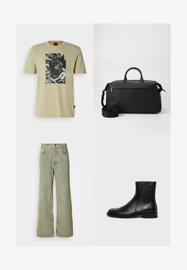 Camiseta verde oliva de algodón, con un gráfico de pantera negra rodeado de follaje. Logo de la marca presente en el diseño.; Jeans de pierna ancha en denim azul claro, con una cintura alta, diseño clásico de cinco bolsillos y un cierre de botón en la parte frontal.; Botín negro de cuero con tacón bajo, costura lateral y pequeño logo "HUGO" en el puño superior sobre un fondo liso.; Bolsa de viaje de cuero negro con dos asas superiores, una correa de hombro desmontable y un bolsillo frontal con cremallera para almacenamiento adicional.