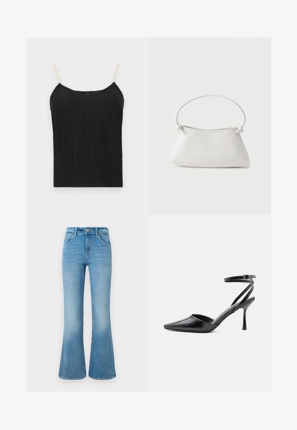 Top de camiseta sin mangas negro con textura acanalada y tirantes delgados, similares a cadenas. La tela tiene un acabado ligeramente texturizado, ofreciendo una silueta ajustada.; Jeans de campana en denim azul claro con bolsillos frontales, presillas para cinturón y cierre de botón sobre un fondo blanco.; Zapato de tacón alto negro de punta fina con delgadas correas en el tobillo y cierre de hebilla plateada sobre un fondo liso claro.; Bolso de mano de cuero blanco tejido con asa redondeada y extremos de la correa anudados, exhibido sobre un fondo liso.