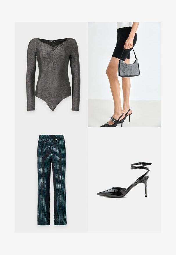Bodysuit à manches longues en tissu noir scintillant avec un décolleté en V profond et un détail froncé à l'avant, présentant une silhouette ajustée et une fermeture à pression.; Pantalons noirs ornés de motifs en sequins turquoise et argent, avec une coupe large et une taille élastique.; Escarpin à talon aiguille en cuir verni noir, bout pointu, fines lanières à la cheville et petite boucle.; Sac à main à perles noires avec une silhouette courbée, une poignée de transport et une texture brillante. Porté avec des chaussures à talons hauts noires et un short noir ajusté.