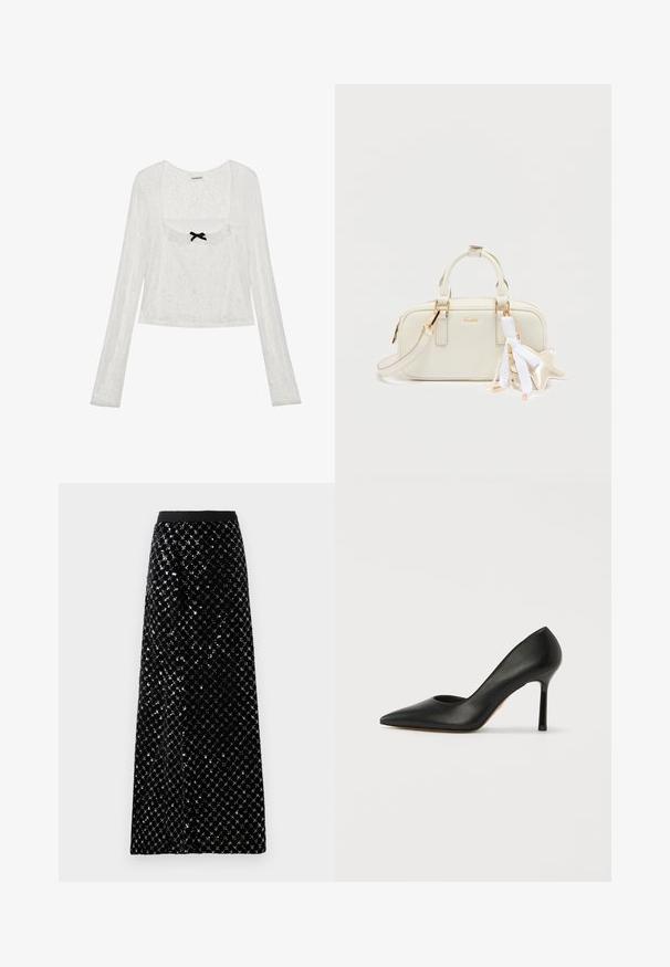 Blouse blanche à manches longues en dentelle avec décolleté carré, bordure à volants et petit nœud noir au centre avant.; Jupe maxi en velours noir ornée d'un motif de sequins en diamant, avec une taille lisse et une silhouette droite.; Escarpin en cuir noir à talon haut avec un nez pointu et un talon aiguille élancé. La tige présente une texture lisse et sans embellissements.; Sac à main en cuir blanc avec ferrures dorées, poignées courtes et bandoulière amovible. Dispose d'un charm étoile décoratif et d'accents de ruban.